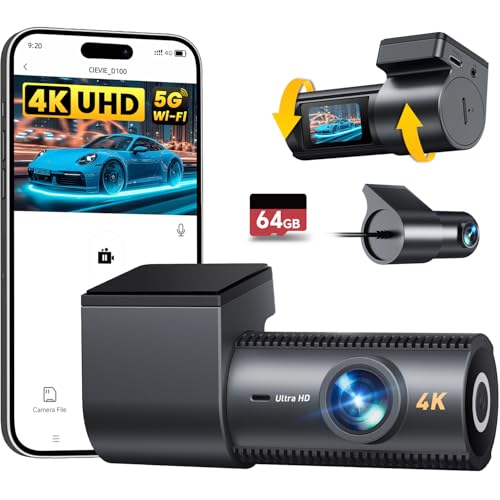 CIEVIE 4 K+1080P Dash CAM carro, 5 GHz WiFi Dashcam com cartão SD 64 GB, câmara de vigilância carro com 1,5 polegadas, ecrã, 170 ° grande angular, sensor G, visão noturna, monitor de estacionamento