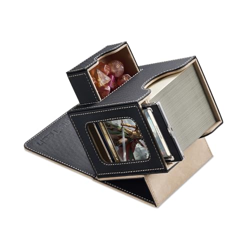 Mage Tech Caixa de medos Commander para MTG - design patenteado, exibição de comando, adequada para 100 cartas com capa dupla, suporte magnético de cartas de 35 pt e bandeja para dados - preto/ouro