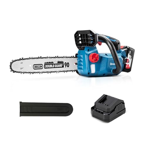 DongCheng Motosserra sem fios com bateria de 18 V, motor sem escovas, guia de corrente OREGON de 30 cm, tensão de corrente sem ferramentas, lubrificação automática da corrente, com bateria de 4,0 Ah
