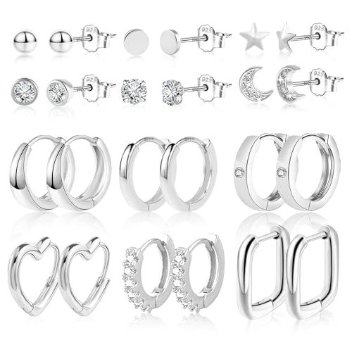 ASH'S CHOICE Brincos de prata 925 para mulher, 6 pares de brincos de prata 925, conjunto de brincos pequenos, multi-pack com brilhantes de zircónio, folha de estrela, lua, bola, brincos