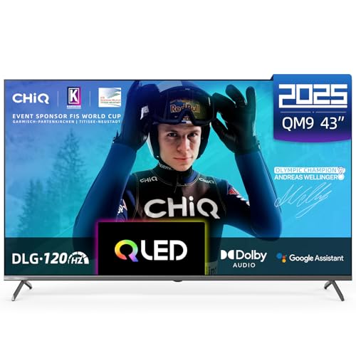 CHiQ U43QM9G Televisor de 43 polegadas (108 cm), 4K UHD, QLED, HDR10, DLG 120Hz, MEMC, Estrutura metálica sem bordas, Google TV, Dolby áudio, DBX-TV, Triple Tuner, Wi-Fi 2,4 G/5 G, assistente Google