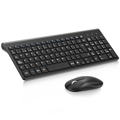 Teclado e rato sem fio, cimetech KF10 EasyTyping [teclas que economizam trabalho] teclado e rato sem fios ultrafinos para computador, fácil de configurar para PC/portátil/Mac/Windows (preto)