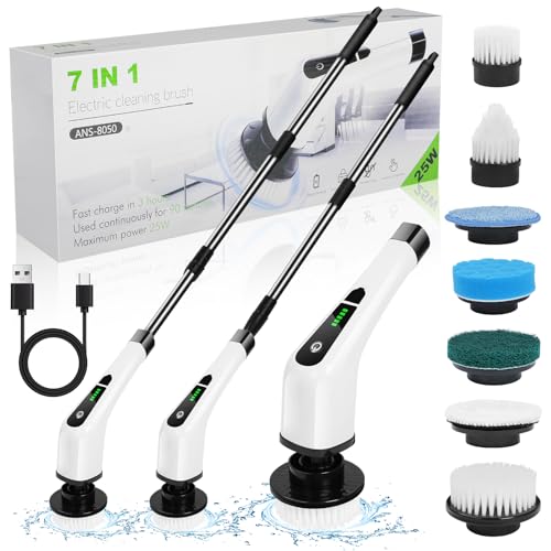 OSDUE Escova de limpeza elétrica, escova de limpeza sem fios com 7 cabeças substituíveis, máquina de lavar rotativa elétrica ajustável extensão Handle, para banheira, azulejo, piso, parede de casa de