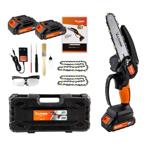 Altuna - Motosserra a bateria 21 V com corrente de titânio - potência de 800 W - capacidade de corte 150 mm - inclui 2 baterias de lítio - leve e compacta, pasta e acessórios incluídos - AF 150
