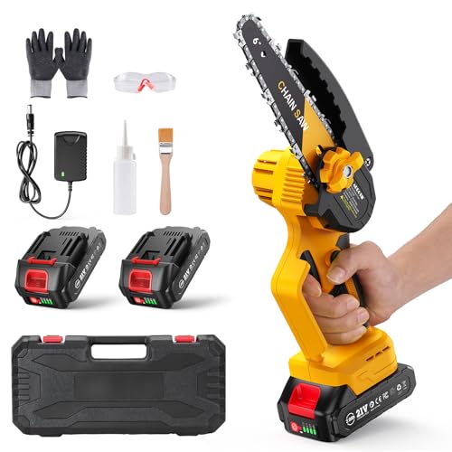 Motosserra elétrica de 8000 mAh, APROTII mini moto-serra elétrica de 6 polegadas com baterias de 4,0 Ah, tensão e mudança de corrente sem ferramentas, tanque de óleo de 30 ml, compatível com bateria