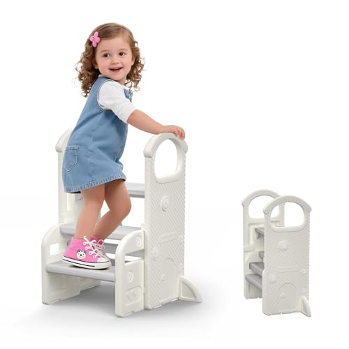 hoopyosms Banqueta infantil com alças, degrau ajustável de 2 a 3 níveis, compacto e antiderrapante para casa de banho, cozinha, sanita e lavatório (cinzento)