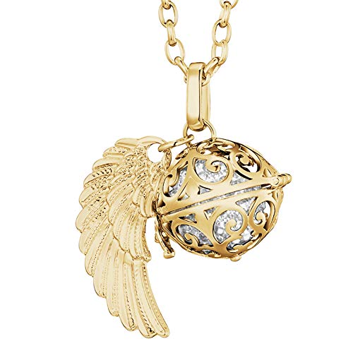 Morella Colar anjo da guarda de aço inoxidável ouro 70 cm com pendente asas de anjo e bola de ressonância de zircónia 16 mm para senhoras em saco para jóias