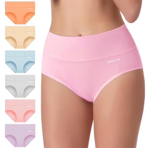 QINCAO Cuecas para mulher, conjunto de 6 - cuecas para mulher, cintura alta, algodão, respiráveis e macias