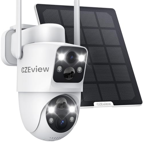 CZEview 4MP Câmara de vigilância WiFi exterior solar com bateria, lente dupla, 2,4 GHz Wi-Fi câmara IP65, 360° PTZ, visão noturna cor, áudio bi-direcional, PIR sereia, branca