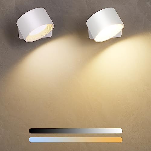 Diealles Shine Aplique parede interior, candeeiro de parede recarregável com 3 brilhos e 3 cores, apliques de parede giratórias de 360° para quarto, cozinha, casa de banho, sala de estar (branco - 2