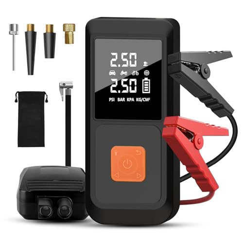 Hexinex Iniciador de bateria de carro de 12 V (gasolina/diesel) com compressor de ar portátil e Power Bank 3 em 1, insuflador elétrico de 10000 mAh com ecrã LCD e início de emergência, carregamento