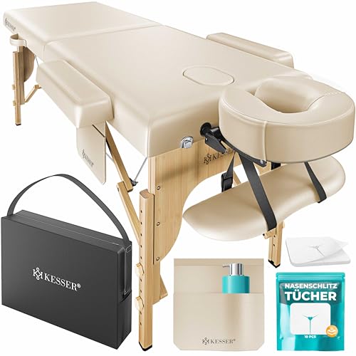 KESSER® Maca de massagem móvel com pés de madeira, dobrável e ajustável em altura, 2 zonas, mesa de massagem, mesa de massagem, espreguiçadeira larga, apoios de cabeça e apoios de braços, inclui bolsa