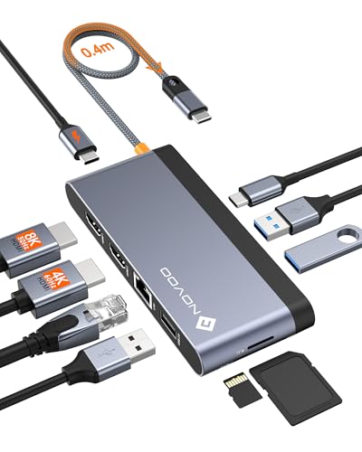 Docking Station USB C, NOVOO Adaptador multiporta tipo C 10 em 1 com HDMI 4K duplo, adaptador USB C a USB, Gigabit Ethernet, 100 W PD, USB 3.0, leitor de cartões SD/TF per MacBook/DELL/HP/Lenovo