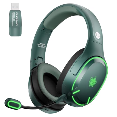 PHOINIKAS Capacetes Gaming sem fios para PC/PS5/PS4, auriculares Gaming sem fios de 2,4 GHz USB Wireless+Bluetooth 5.3, baixa latência qualidade de som 7.1 sem perdas, 30 horas, luz LED (verde)