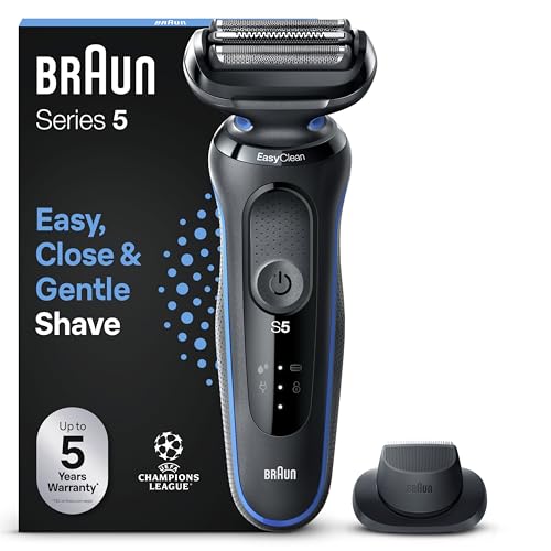 Braun Série 5 máquina de barbear elétrica para homem, máquina de barbear com aparador de precisão EasyClick, EasyClean, em seco e molhado, recarregável, sem fio, 51-B1200s, azul