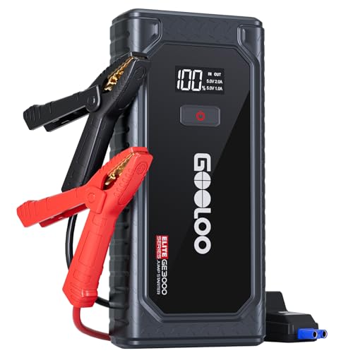 GOOLOO Iniciador de carros GE3000 3000A Arrancador para motores de até 8,5 l de gasolina ou 6 L gasolina, conjunto de bateria de carro de 12 V com ecrã LCD, Power Bank lanterna LED, porta tipo-C