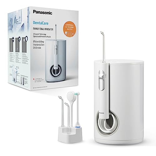 Panasonic EW1614AW503-PACK Family Irrigator dental oral, jato ultra-sónico, modo infantil, 10 configurações de pressão, IPX7, ortodôntia, 5 bicos, alimentado por rede elétrica, branco