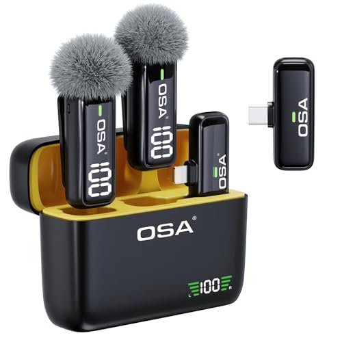 OSA Lavalier - Microfone para telefone com capa de carregamento e transmissor de ecrã digital, conjunto de 2, para iPhone, iPad, Android, gravação, gravação de vídeo profissional, microfone de lapela