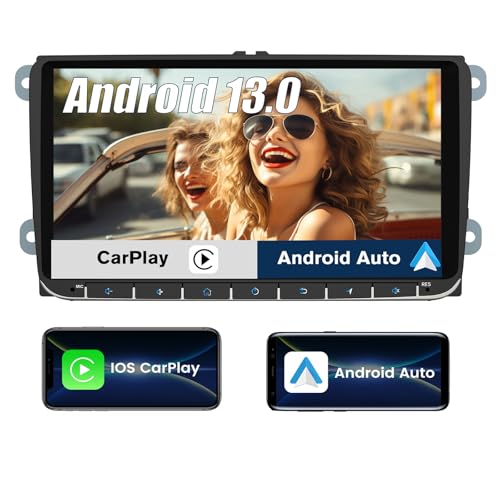 Hexinex Rádio de carro Android 13,0 2 GB + 32 GB com ecrã tátil para VW, autorrádio de 9 polegadas com CarPlay/Android Auto/Mirror Link, compatível com WiFi/GPS/Bluetooth/RDS/USB/FM/comandos de