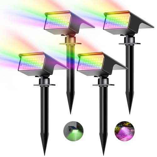 kolpop RGB Luzes solares LED para exterior [4 peças/7 cores], IP65 impermeável holofotes LED solares para jardim, montagem 2 em 1, pátio, 800 LM Focos solares para pátio, piscina, vasos, chão, calçado