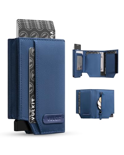 VULKIT Carteira homem pequena com porta-cartões de crédito bloqueio RFID, carteira porta-cartões para máx. 12 cartões, bilhetes e moedas com caixa de presente, Tecido azul Oxford, Minimalista