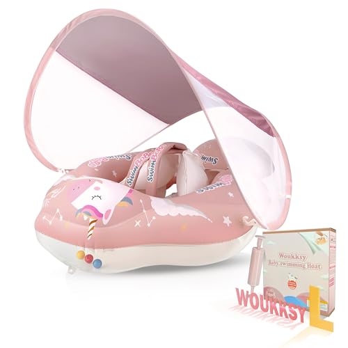 Flutuador bebé com guarda-chuva, Woukksy rosa flutuadores piscina bebés para 3 meses - 36 meses, bebé flutuador piscina assento com bola de equilíbrio para evitar voos