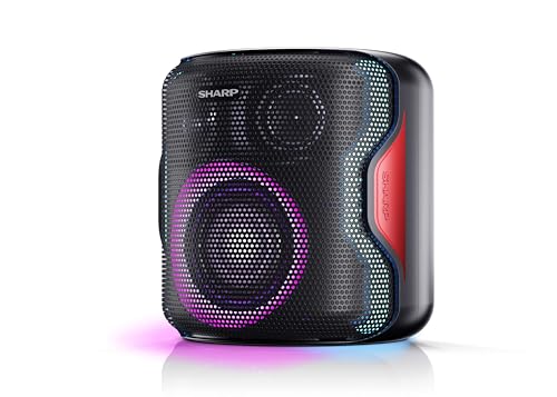 SHARP PS-921 (BK) Altifalante Bluetooth portátil com luzes LED, áudio 2.1 e 3D. Duo Mode para emparelhar com outro PS-921 em estéreo (TWS) à prova de salpicos (IPX5) adequado para praia, piscina.