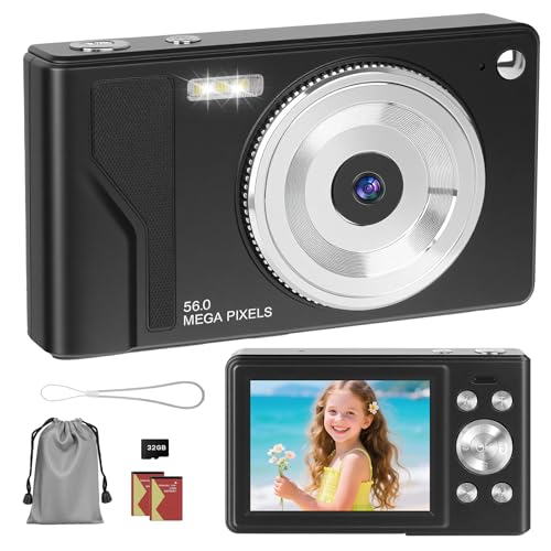 HERBYD Câmara digital 56MP 1080P FHD com autofoco, zoom digital 16X, ecrã LCD de 2,8", cartão SD de 32 GB e 2 baterias - câmara compacta portátil para crianças, adolescentes e iniciantes
