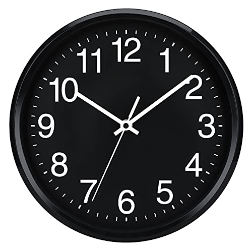 Plumeet 25 cm Relógio de quartzo de parede silencioso, decorativo para a casa/cozinha/escritório/escola, fácil de ler e com pilhas (preto)