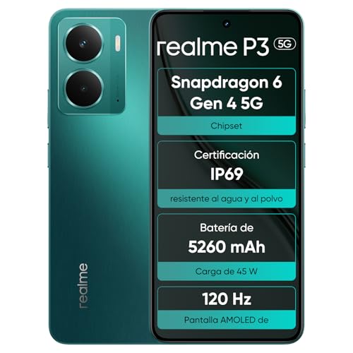 realme P3 5G Smartphone de 12 GB + 512 GB, AMOLED 120 Hz para desportos, Snapdragon® 6 Gen 4, câmara IA de 50 MP, bateria de 5260 mAh, sistema de refrigeração aeroespacial, IP69, verde (sem adaptação