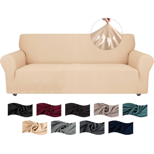 CYCMACO Capa para sofá de 4 lugares ajustável, capa de sofá elástico antiderrapante anti-manchas, universais Couch Cover com apoios de braços, laváveis, bege amarelo