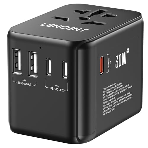LENCENT Adaptador de tomada universal GAN 30W, carregador internacional com 2 USB-A e 3 USB-C PD carregamento rápido, adaptador de viagem para telemóveis, tablets, portátil (EUA/UE/AUS), tipo A/C/G/I,