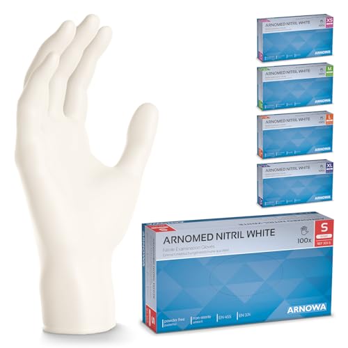 100 x ARNOMED Luvas nitrilo tamanho S branco, luvas descartáveis cirúrgicas e laboratório, luvas de nitrilo descartaveis sem pó e látex, luvas nitrilo em XS, S, M, L, XL, XXL