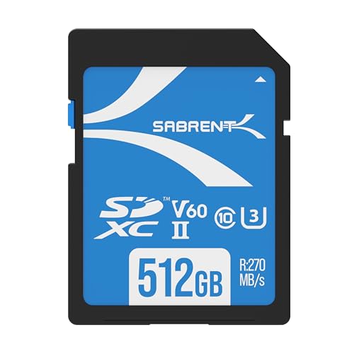 SABRENT Cartão de memória SD 512 GB | SDXC UHS-II | Velocidades de leitura de até 270 MB/s, classe 10, U3, V60 para fotógrafo profissional, câmara e Vlogger, Full HD/4K [SD-TL60-512GB]