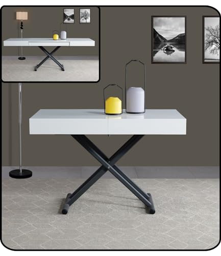 VOLERO' Mesa conversível em mesa de centro. Para cima e para baixo, mesa extensível. Modelo ACHILLE grande (lacado branco, estrutura e pernas cinzentas)