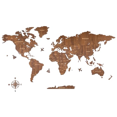 Creawoo Mapa Mundi parede grande de madeira, mapa-múndi de madeira noz decoração de parede para sala de estar, escritório, quarto - 200 x 114 cm, decoração de parede mapa-múndi arte com design oco