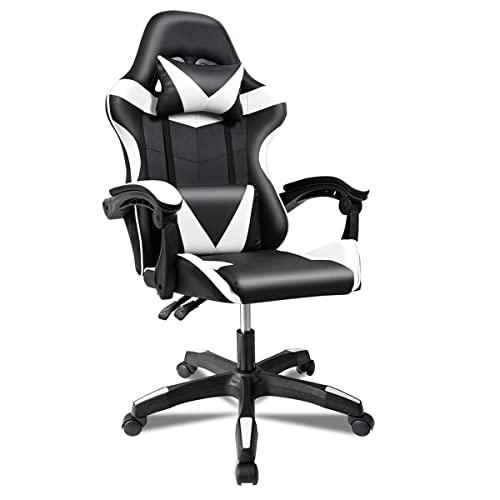 Cadeira Gaming ergonómica reclinável com almofada lombar e cervical, altura ajustável, apoios de braço acolchoados, rodas de 360°, ideal para escritório, secretária, teletrabalho, estúdio, jogo