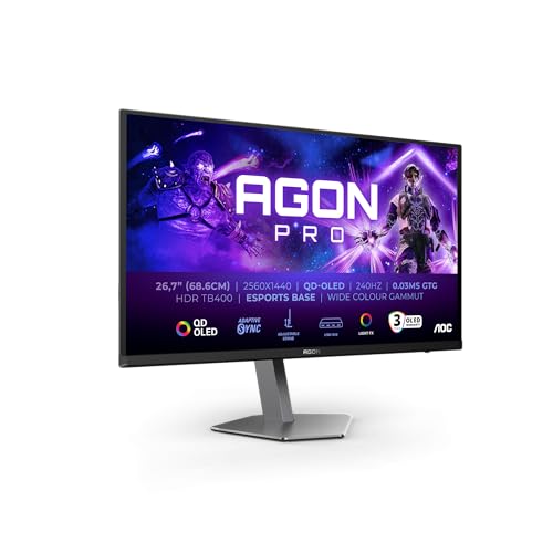AOC Agon Pro AG276QZD2AM Monitor OLED QHD de 27 polegadas, 240 Hz, 0,03 ms GtG, FreeSync Premium Pro, G-Sync Comp., HDR400 2560x1440, 2X HDMI 2.1, DisplayPro, DisplayPro. ort, USB Huu B Preto, 27