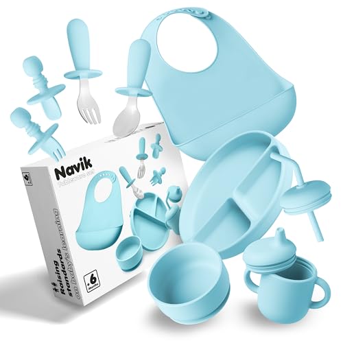 Navik | Conjunto de louça de silicone para bebé | Contém prato ventosa de bebé dividido | copo de aprendizagem bebé | colher de bebé | tigela de ventosa para bebé | +6 meses | azul
