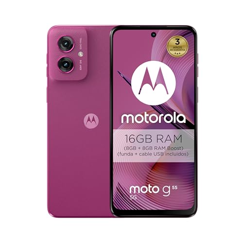 Motorola, Moto g55, 16 GB (8 GB + 8 GB RAM Boost)/256 GB rosa, ecrã 6,5" Full HD e Dolby Atmos, sistema de câmara de 50 MP com OIS, bateria 5000 mAh, carregamento TurboPower 30 W, acabamento Soft Luxe