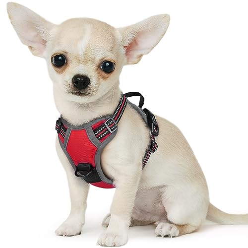 Eagloo Arnês para cães pequenos, arnês antipuxões cão anti-escape, colete acolchoado ajustável, anéis de peito e costas, material respirável com fita refletora, exercício correr, XS vermelho