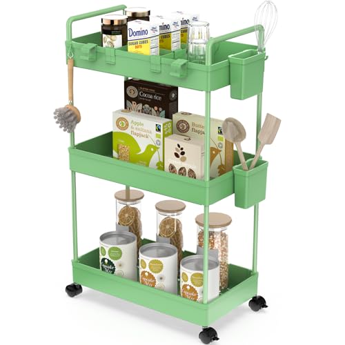 Ronlap Carrinho de cozinha com 3 níveis, carrinho de serviço com copo suspenso, separador, gancho, prateleira com rodas para cozinha, quarto, escritório, verde