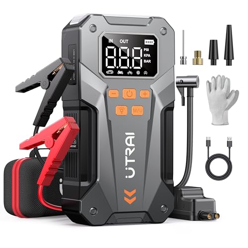 Iniciador de carros, UTRAI Arrancador de baterias de carro com compressor de ar/luvas isolantes/18 W carregamento rápido/luz LED de 600 lúmens (para todos os ou 12 l diesel) 5500A 12 V Jump