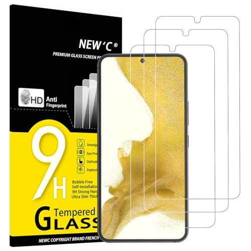 NEW'C 3 peças, protetor de ecrã para Samsung Galaxy S22 5G, anti-riscos, anti-impressões digitais, sem bolhas, dureza 9H, 0,26 mm ultra transparente, vidro temperado ultra resistente