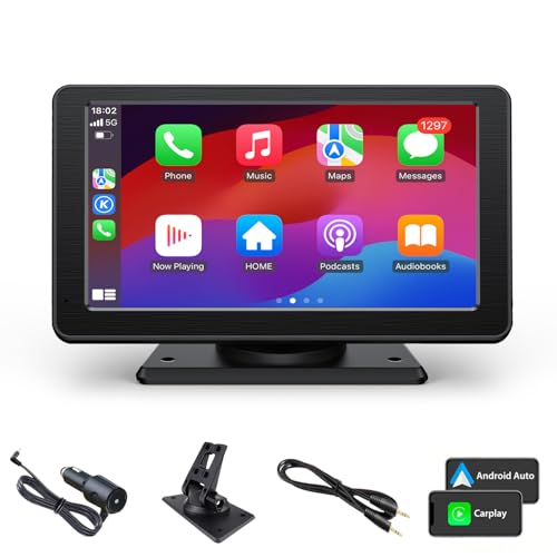 KooDux Carplay sem fios e Android Auto Car Rádio, ecrã Carplay estéreo portátil HD de 7 polegadas com Bluetooth, controlo de voz, AUX, FM, Airplay, reprodução de vídeo, navegação GPS