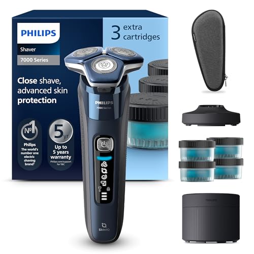 Philips Série 7000 máquina de barbear elétrica para homem, máquina de barbear com aparador, 60 min de uso, seco e húmido, recarregável, centro de limpeza, base de carregamento, 4 cartuchos S7885/63,