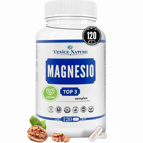 Magnésio Complex Puro com Citrato Bisglicinato Óxido dose diária 400 mg Elemental, magnésio 3, 120 cápsulas Vegan Magnesium Triple complexo alta biodisponibilidade, vegano - Venice Nature