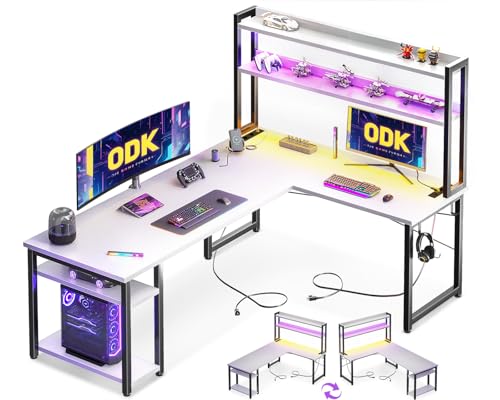 ODK Mesa de jogos com LED, 168 × 120 cm, secretária com prateleira reversível, mesa em L com tomadas e portas USB, secretária Gaming branca com compartimentos e armazenamento