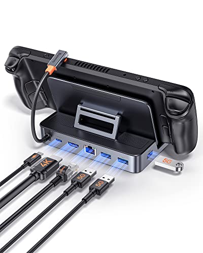 Baseus Steam Deck Dock e suporte ajustável, 6 em 1 Steam Deck Docking Station com HDMI 4K@60Hz, 3 portas USB-A 3.0, Ethernet e PD carregamento rápido de 100 W, novo design para Steam Deck acessórios