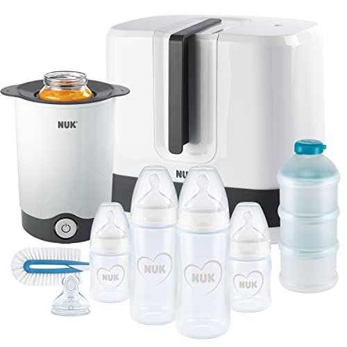 NUK First Choice Conjunto completo de alimentação, Esterilizador Vario Express, 4 biberões, 1 tetina extra, aquece biberões e muito mais, cinzento e branco, 9 unidades
